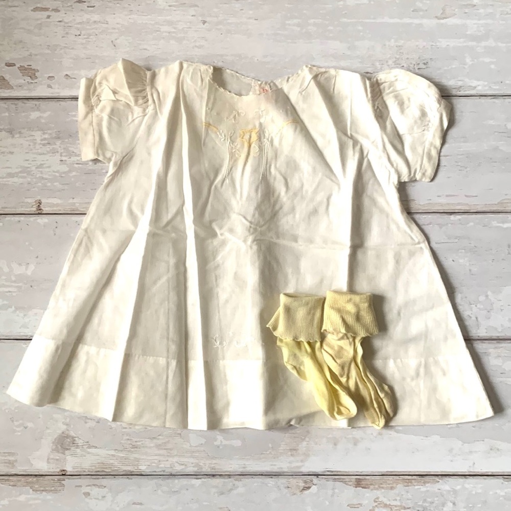 Vintage 1920s Baby Smocked Dress Yellow Flower Embroidery & Satin Socks Set